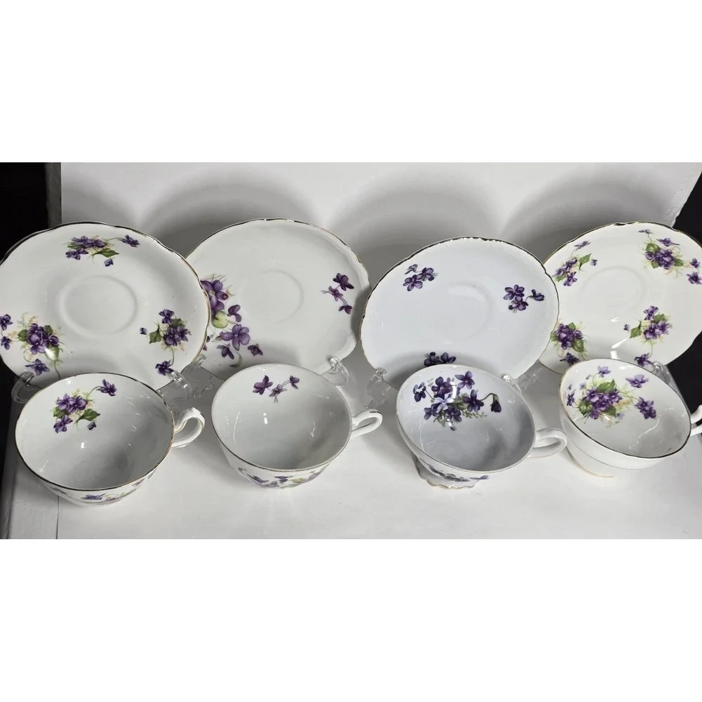 Vintage Purple Violet Teacup Saucer Lot 4 Mismatched Bone China Floral AS IS